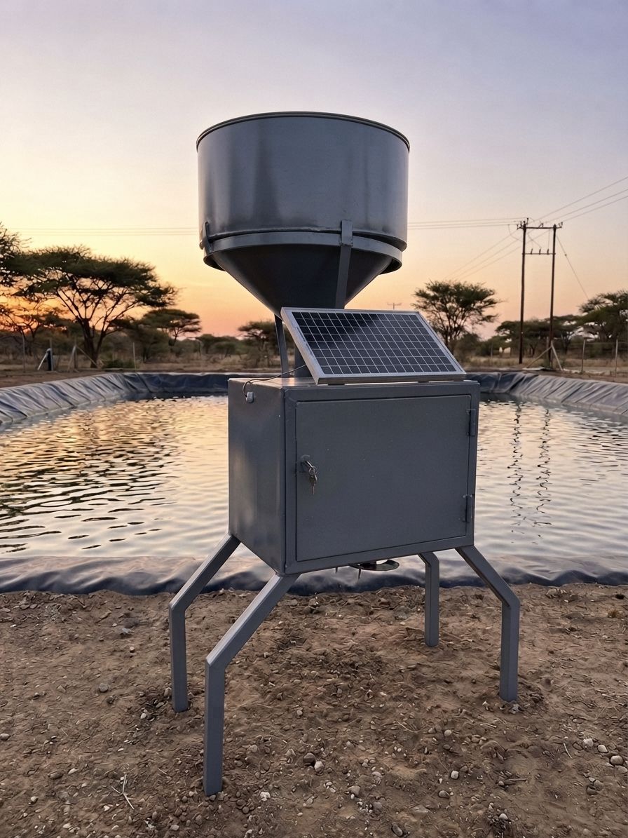 Illustration of the FishTech automatic fish feeder beside a pond