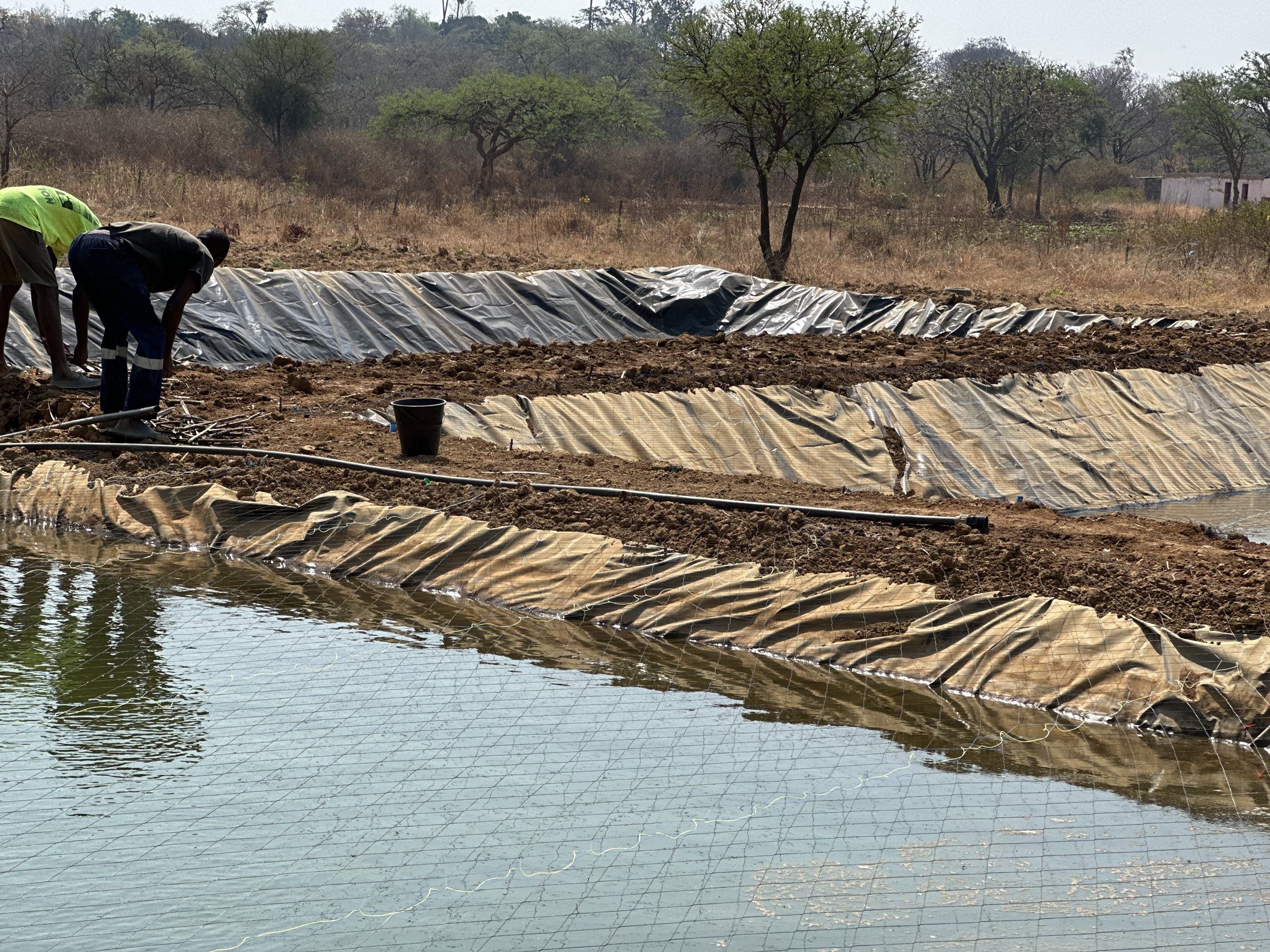 The crew working on several lined ponds